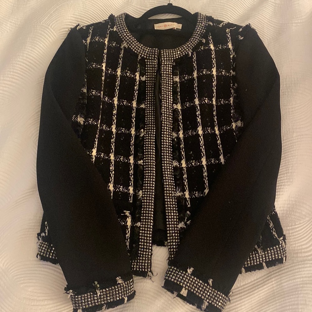 Tory Burch Tweed and Rhinestone Detail Jacket
